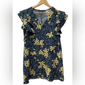 Zara Womens‎ Blue Yellow Crepe Floral Vneck Ruffle Cap Sleeve Mini Dress Medium